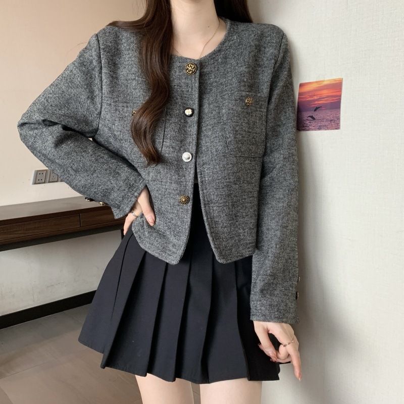 大きいサイズ ラウンドネック メタルボタン ジャケット レディース 高級 ショート シンプル レディライク トップス レディース