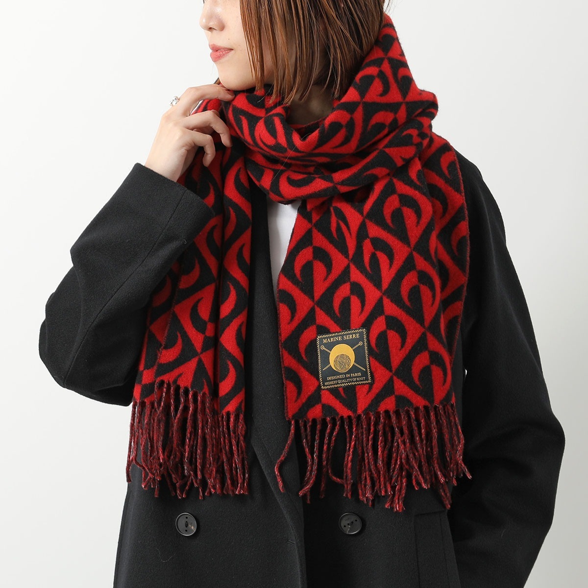 Marine Serre マリーン セル マフラー Moon Lozenge Wool Scarf USC001A CWOV0045 レディース ストール フリンジ 三日月 モチーフ BK97/BLA
