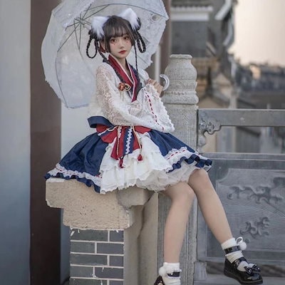 人気 ロリータ かわいいロリータとウインドホワイトスノーダックのロリータスカートフルセットOPスカートスーツ