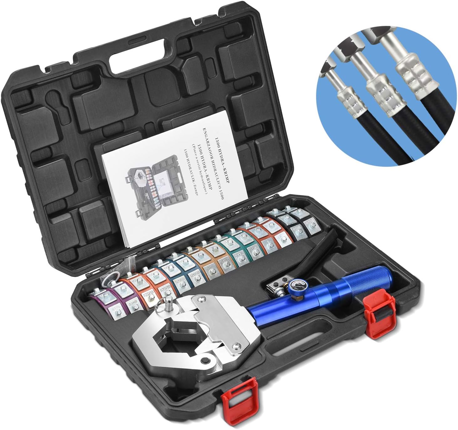 ホース圧着ペンチ 油圧クランプ ACホース圧着工具 一体式 8T 七種ダイス 収納ケース付き 自動車修理