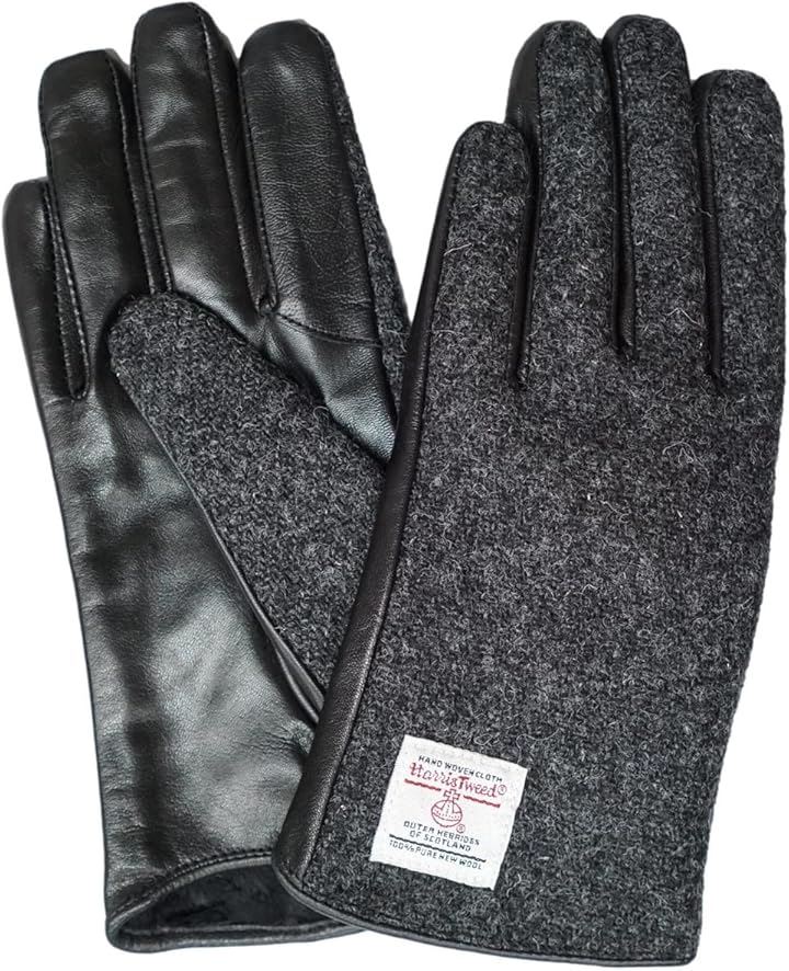 Harris Tweed 裾カーブレディース レザー手袋 可愛い ハリスツイード コンビ 裏ボア ケース付き (裾カーブ(チャコール), FREE (S-M))