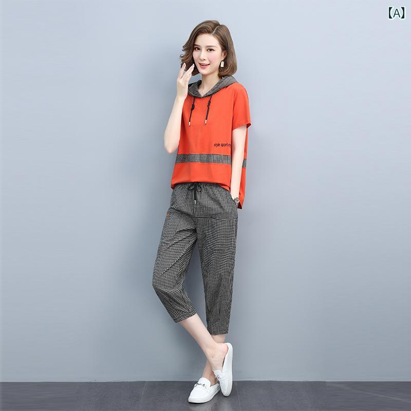 レディース ファッション カジュアル セットアップ チェック柄 パンツ スーツ 夏 韓国 若見え 軽量 フード付き 半袖 ツーピース セット