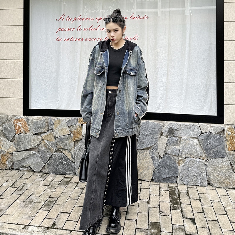 【J.Fashion】 2024秋冬新品 デニムパーカー デニムジャケット ドッキング ロングデニムコート フード付き レディース アウター メガ割