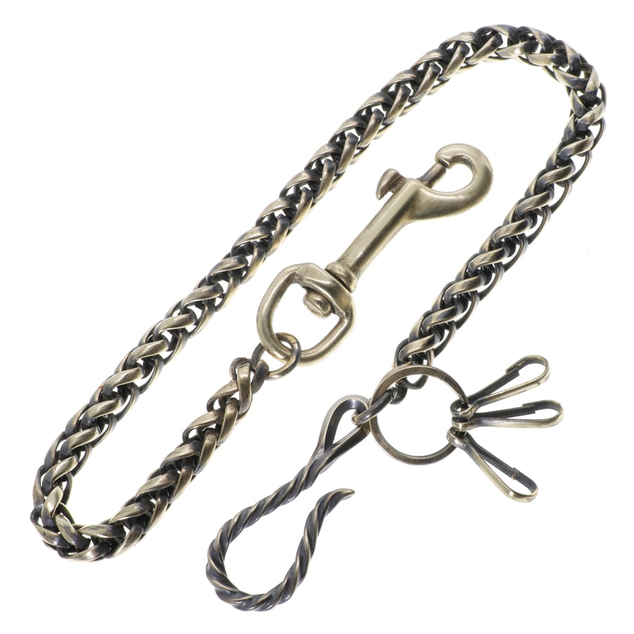 真鍮 ブラス ウォレットチェーン 編み込み オリジナル 燻し加工 キーホルダー 付き キーリング (フックツイスター)