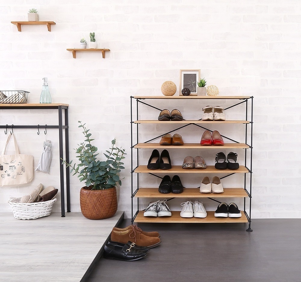 棚 シェルフ ラック 木目 木製 おしゃれ 北欧モダン シューズラック 省スペース シンプル 可動板 マットアイアン