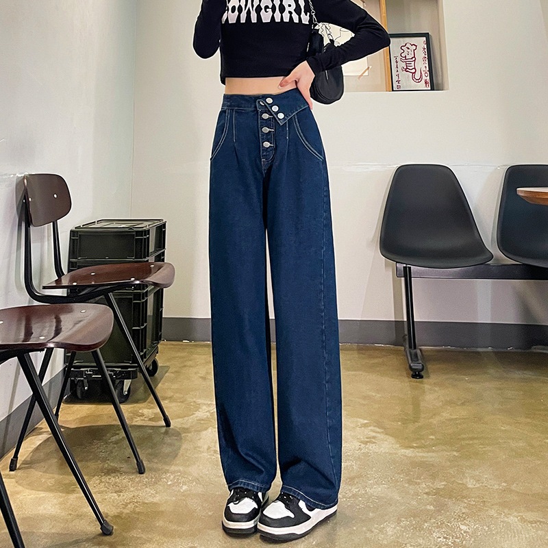 ハイウエストでゆったりとしたデザインの女性用スーパーワイドジーンズボタン付き裾上げワイドレッグフロアレングスパンツ