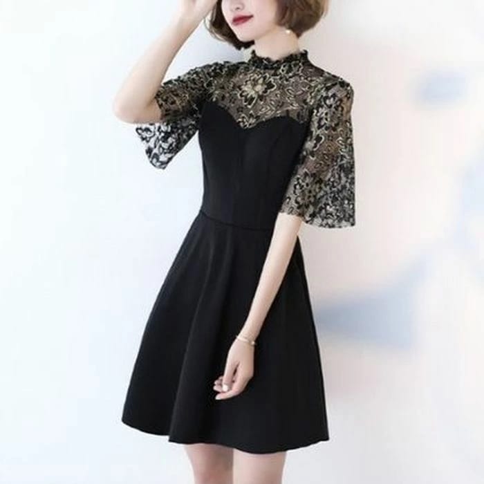 パーティードレス 韓国 ドレス 個性的 ワンピース プチプラ 黒 ブラック レイヤード レース ゴールド ミニ丈 フレア 華やか パーティー デート フレアスリーブ ハイネック ベアトップ 二次会 フ