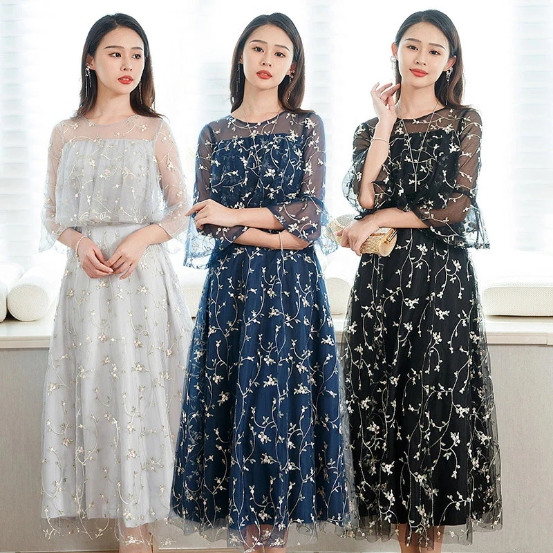 レース フラワープリント ロングスリーブ イブニングドレス エレガント 大人女性 普段使い 着痩せ 体型カバー 結婚式・パーティー・デートに 上品 洗える 通勤OK 秋冬フォーマルウェア