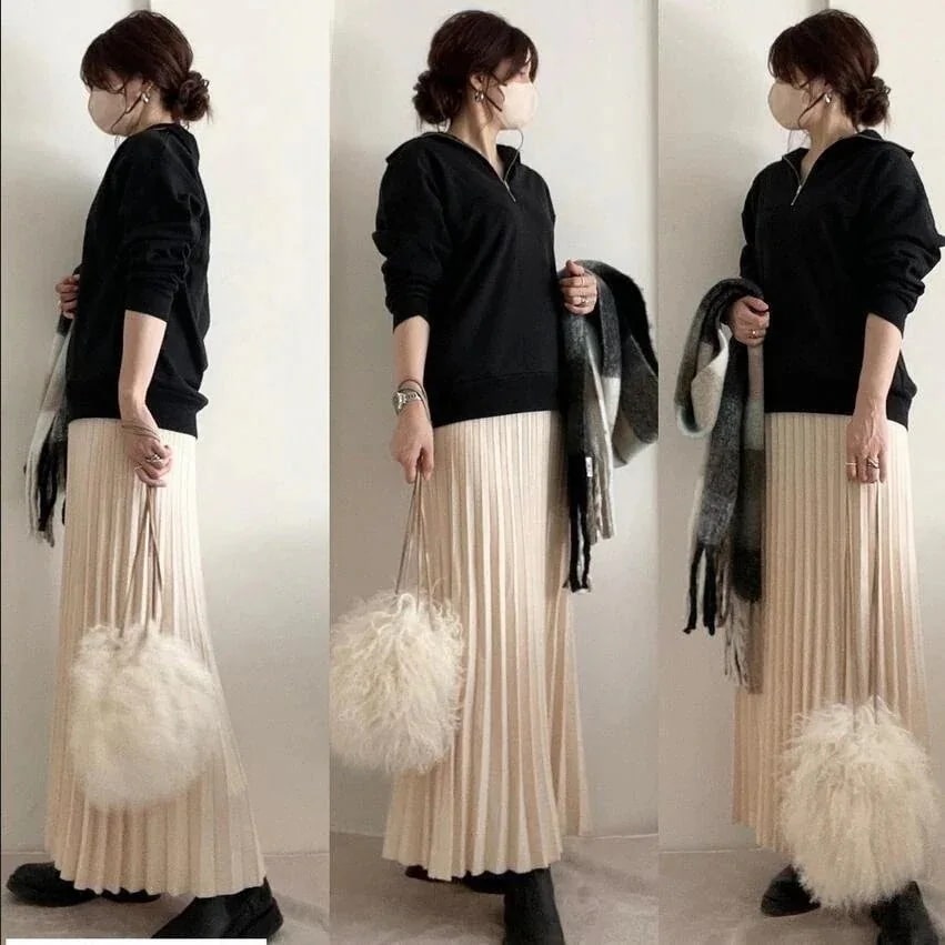 Aライン ゆったり カジュアル セミロング 着痩せ スタイルアップ 韓国ファッション 【1つ買うと10個無料】24新作 スカート スカート プリーツスカート