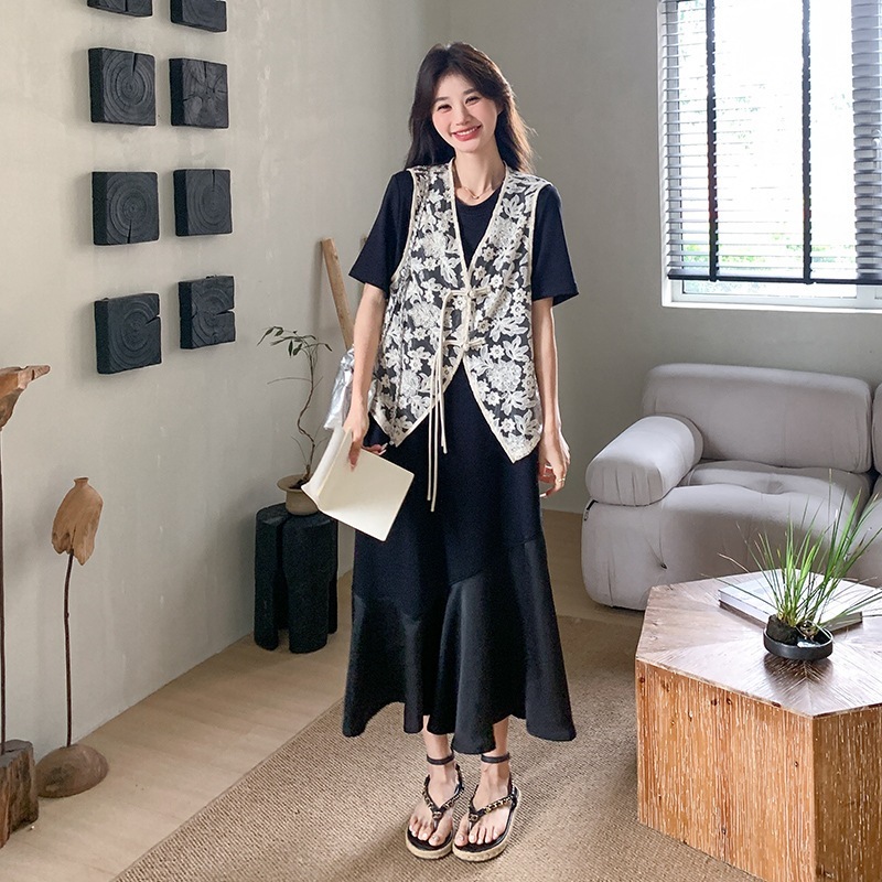 実際の黒いドレスセット女性夏の新しいレトロな気質光成熟した新しい中国レースウエストコートツーピースセット