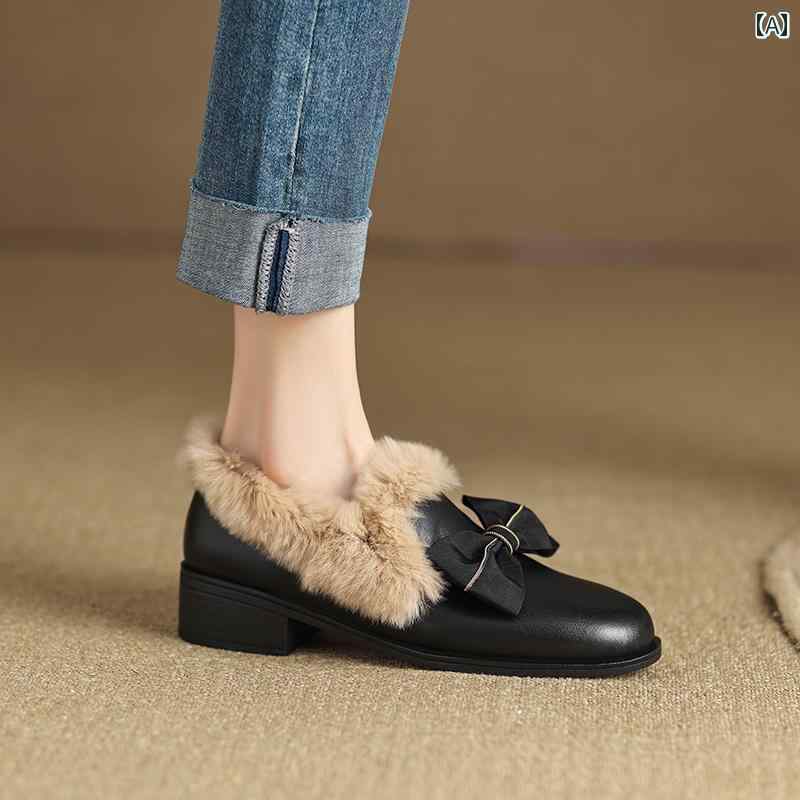 ローファー レディース オフィス 通勤 仕事 フランス本 毛皮 靴 厚手 ヒール スクエアトゥ 女性 秋冬 リボン ベルベット スリッポン シューズ