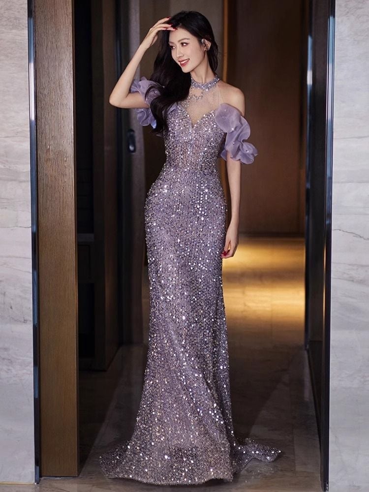 Hot!!!卒業式 演奏会 発表会 結婚式 パーティードレス 気質イブニングドレス2024新しい誕生日パーティーのホスト紫フィッシュテールドレス成人式