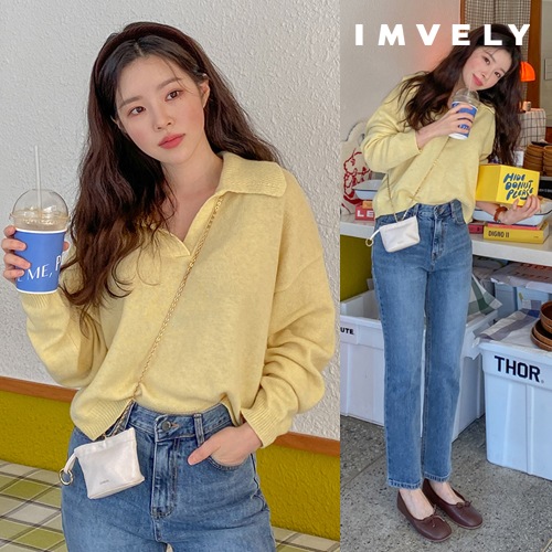 [IMVELY イムブリー公式] レモンイエロー襟付きニット 韓国ファッション