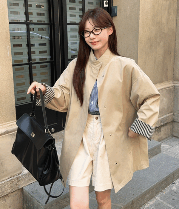 ハイネック ボタン ポケット ルーズフィット トレンチ オータム ハーフ ジャケット ジャンパー