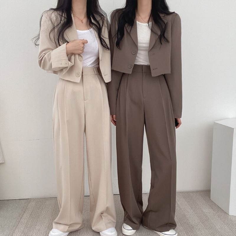 セットアップ ジャケット パンツ スーツ 上下セット ルーズ かっこいい こなれ感 シンプル 無地 ベージュ 茶色 ツーピース 長袖 ショート丈 上着 アウター 個性的 ワイドパンツ ロングズボン 通