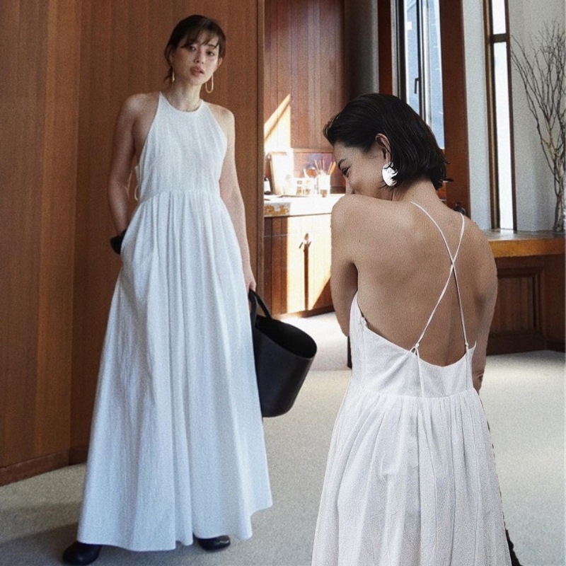 レディース ワンピース ロング マキシ ノースリーブ ホルターネック フレア Aライン 背中開き バックコンシャス ハイウエスト 異国風 かわいい 大人可愛い きれいめ シンプル カジュアル 上品