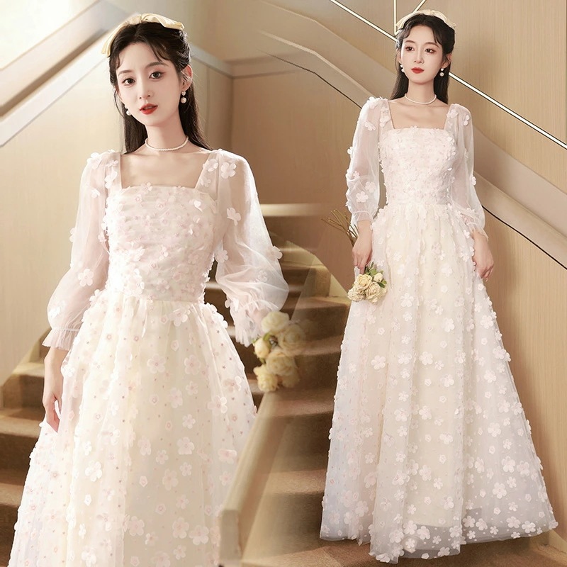 演奏会ドレス ロングドレス ピンク 花柄 フラワー 可愛い 成人式ドレス 同窓会 謝恩会 チュール ドレス パフスリーブ 結婚式ドレス 二次会ドレス イブニングドレス 発表会ドレス パーティードレス