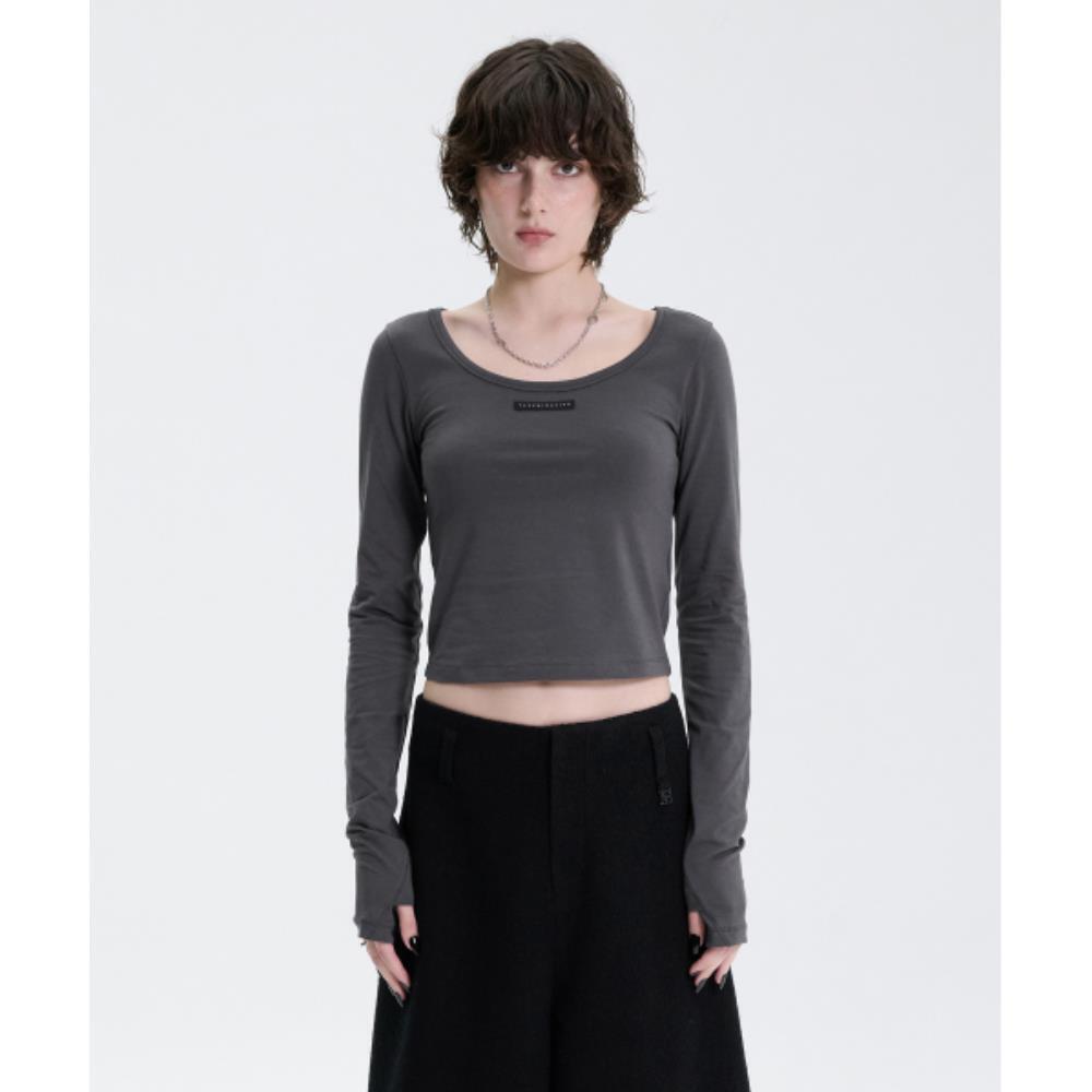 TREEMINGBIRD Scoop Neck Finger Hole Long Sleeve Charcoa