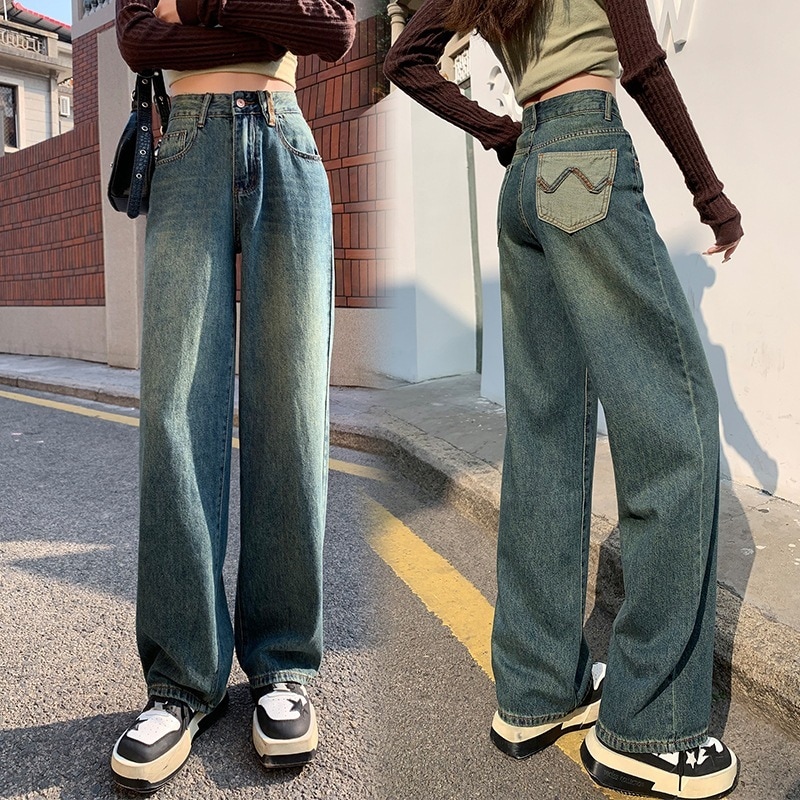 女性用春ワイドレッグジーンズ2024春ルーズでドレープのあるフロアレングスパンツ女性用スリミングストレートジーンズ