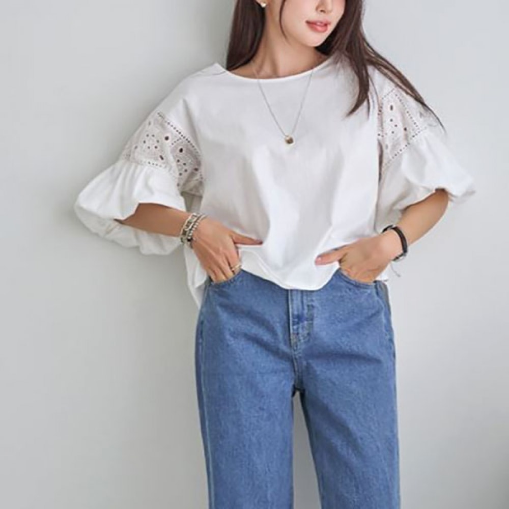 [ナーク21] パンチングレースバルーンスリーブTシャツNK52-TS-20