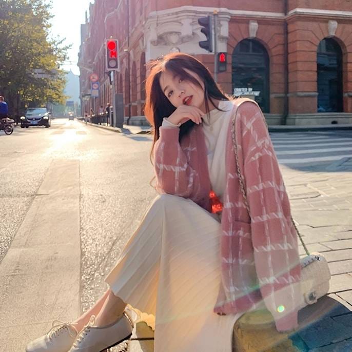 チェック柄 カーディガン レディース トップス 3色 長袖 カーディガン 格子 ライン ブルー オーバーサイズ ざっくり Vネック ニット ショート丈 可愛い 通勤 オフィス ワンサイズ ピンク ホワ