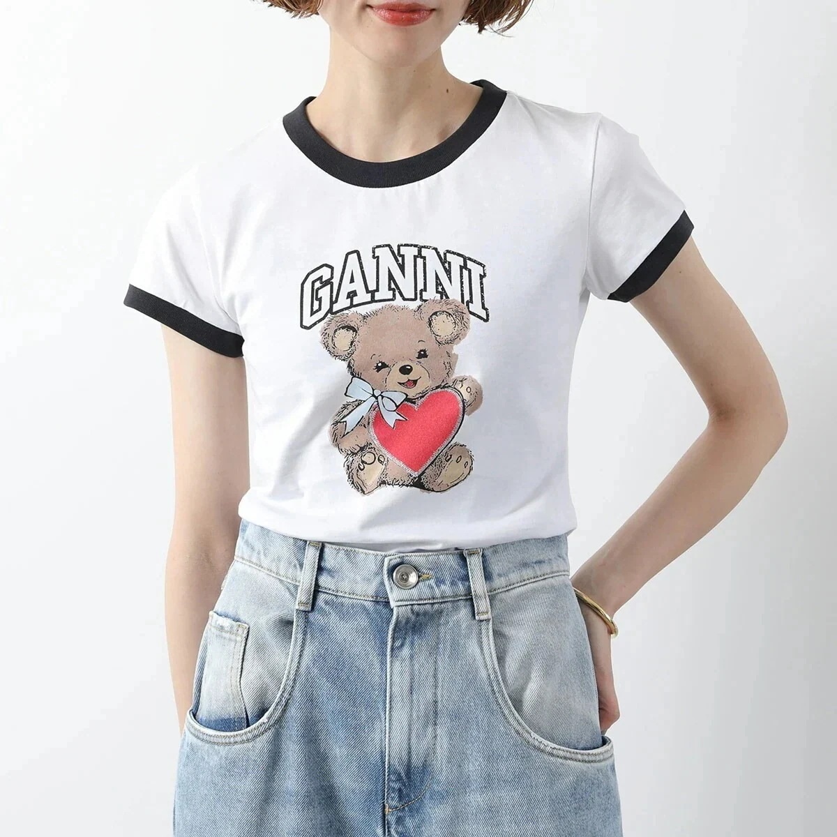 GANNI ガニー 半袖 Tシャツ Basic Jersey Bear Small T-shirt T4061 レディース カットソー クルーネック コットン