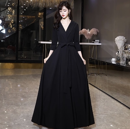 イブニングドレス ワンピース ロング ロング丈 マキシ マキシ丈 袖あり 5分袖 五分袖 Vネック Aライン 快適 着心地 かわいい 大人可愛い きれいめ シンプル カジュアル 大人 上品 おしゃれ