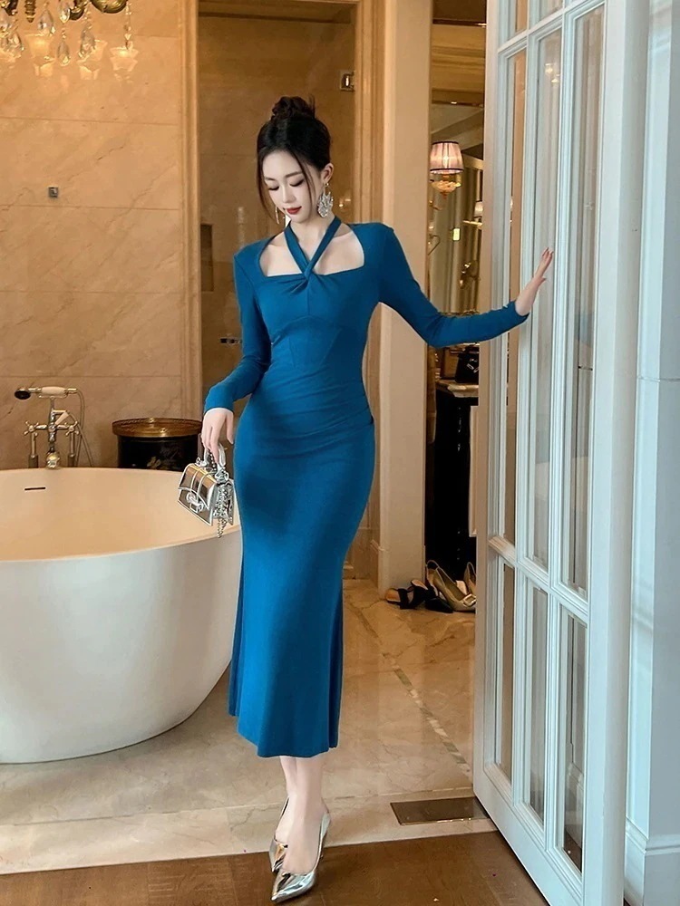 2024春 ピーコックブルー ロングワンピース スリム パーティードレス キャバ 着痩せ 大人 お呼ばれ 同窓会 披露宴 卒業式 結婚式 ウェディング 二次会 成人式30%までに制限