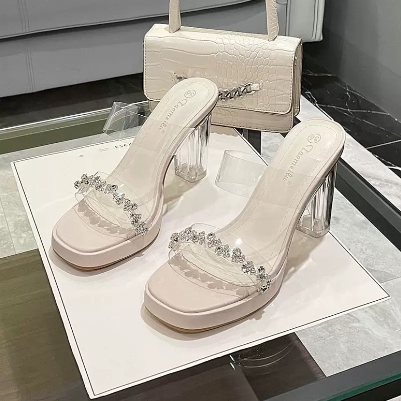レディース サンダル ミュール ハイヒール 太ヒール 厚底 ストラップ ビジュー ラメ 美脚 脚長 クリア かわいい 大人可愛い きれいめ 上品 おしゃれ フォーマル エレガント ラブリー キュート