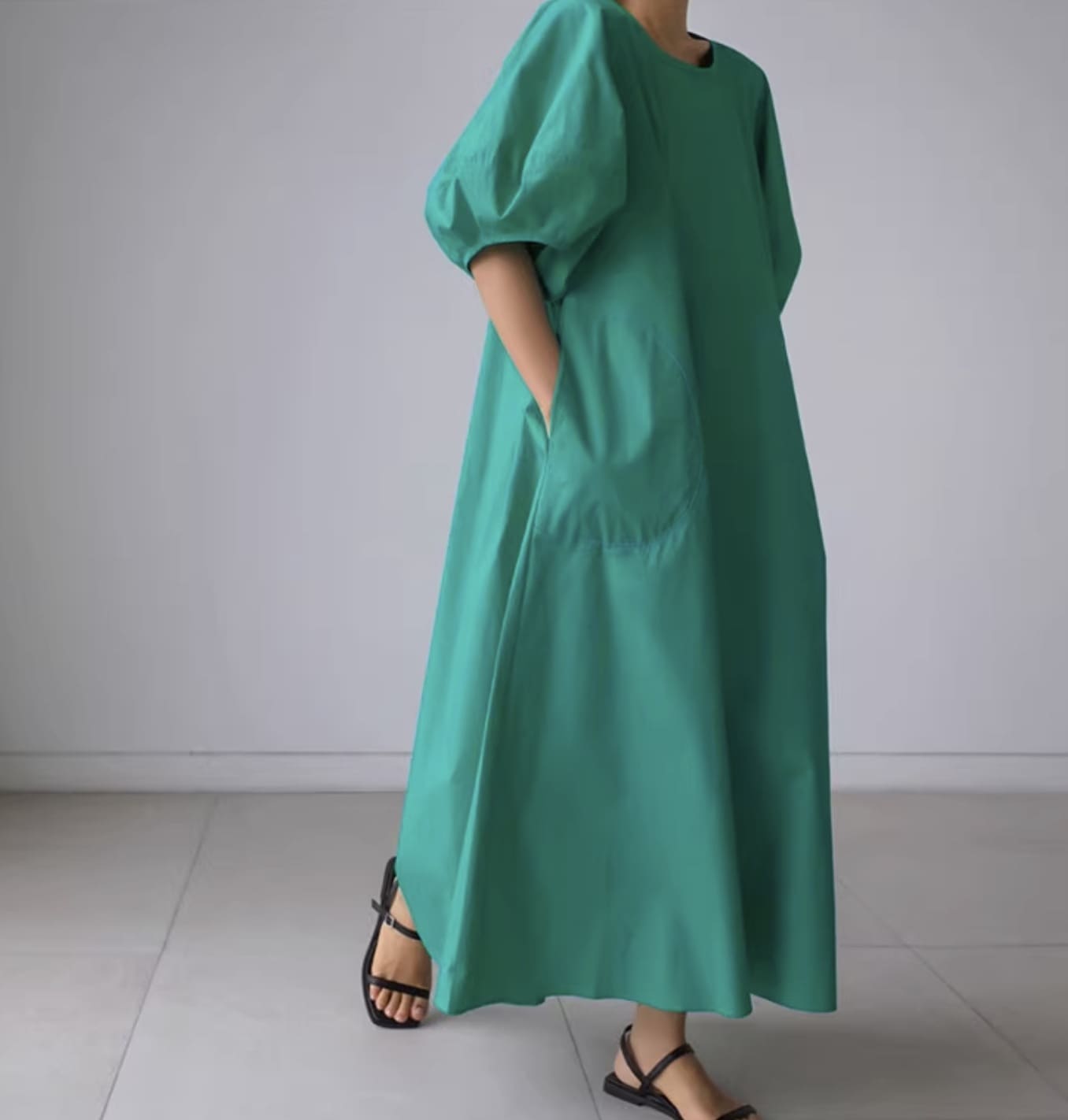 スカート ワンピース ロングスカート フレアワンピース ロング ロング丈 袖あり 5分袖 五分袖 ボリューム袖 ドルマンスリーブ パフスリーブ ラウンドネック フレア Aライン 綿 きれいめ シンプル