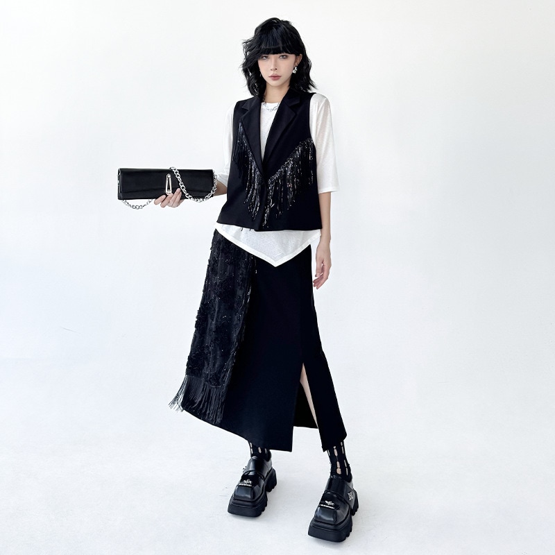 ベスト スカート レディース 上下セット カジュアル おしゃれ 2点セット 体型カバー オールシーズン フリンジ 黒 ブラック