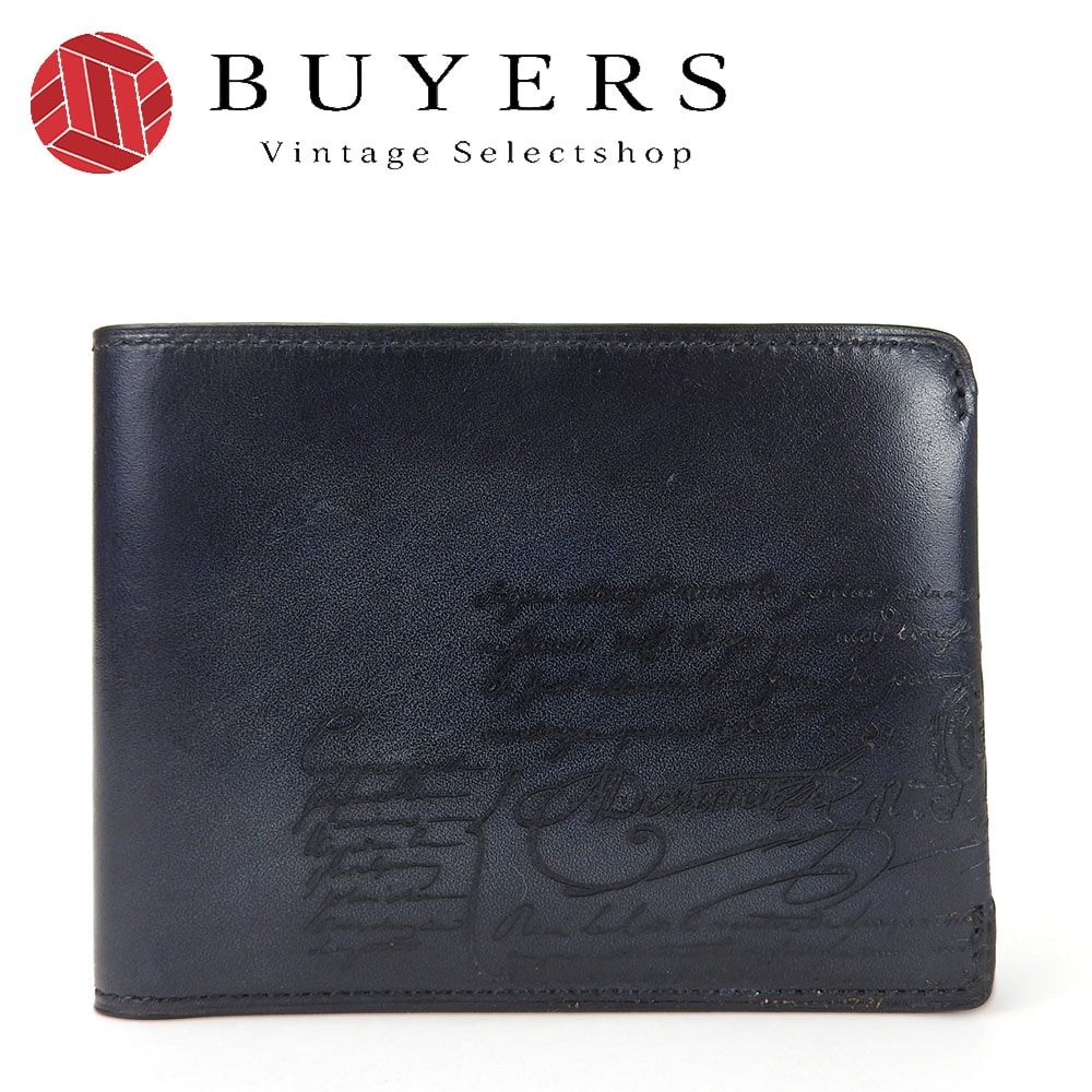 中古 ベルルッティ 二つ折り 札入れ 財布 コンパクト ウォレット マコレ スクリットレザー カリグラフィ パティーヌ E0148 ネイビー系 レザー 革 シック 小物 メンズ 男性 Berluti