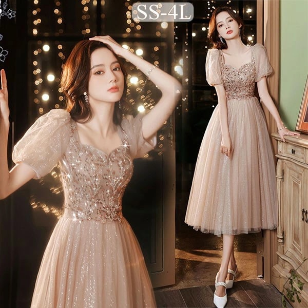 ドレス 大人 ピアノ発表会 演奏会 ミモレ丈 結婚式 大きいサイズ パーティードレス 袖あり お呼ばれ 20代 30代 可愛い フェミニン bi146zezet2