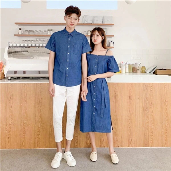 【1-3日出荷】デニム カップル お揃い服 無地 半袖 薄手 おしゃれ 春 夏 服 ペアルック Tシャツ ご夫婦 お誕生日 プレゼント 恋人彼氏 韓国服 ブルー g4x4 彼女