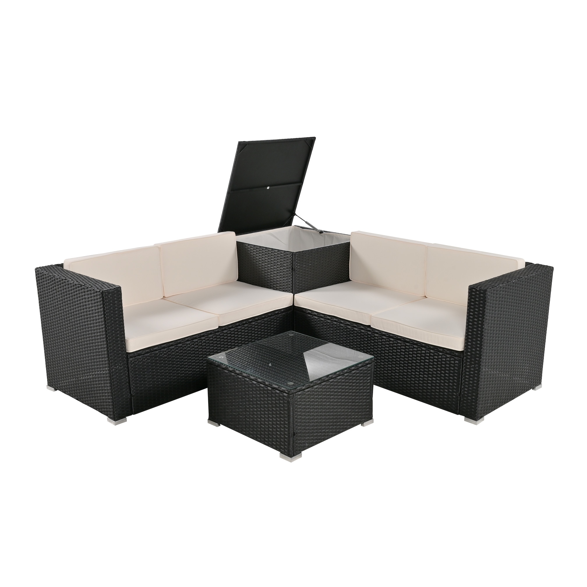 ガーデンファニチャー 4点 収納付き ガーデン クッション付き ラタン調 家具 アウトドア ソファーセット ホテル カフェ ベランダ 高級 おしゃれ【ホワイト】