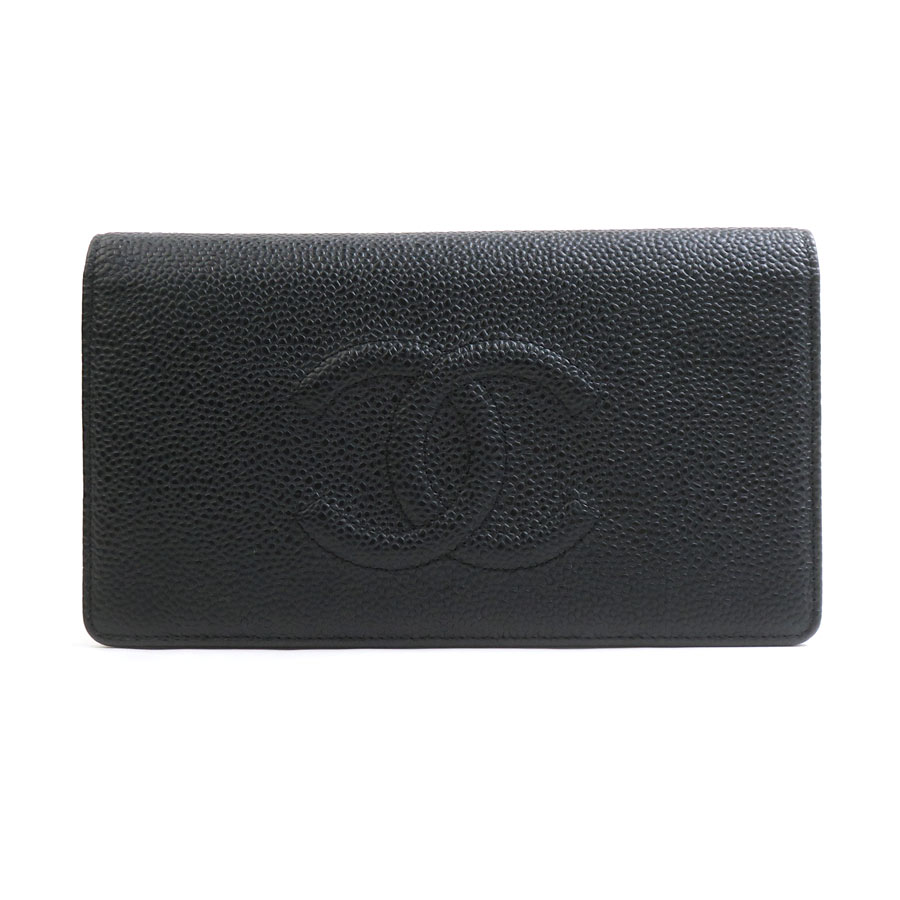シャネル CHANEL 二つ折り長財布 キャビアスキンレザー ブラック レディース 56182a