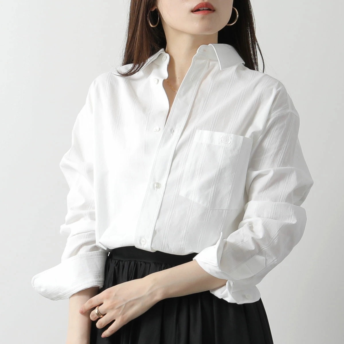 CELINE セリーヌ 長袖 シャツ 2C21B354X.01BC レディース ストライプ トミーシャツ ブラウス トリオンフ刺繍 コットン×リネン 胸ポケット ホワイト