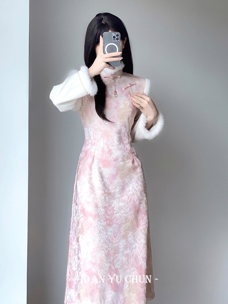 ピンクのチャイナドレス2024年冬新作ベルベット長袖新風ハイエンド気質少女ドレス