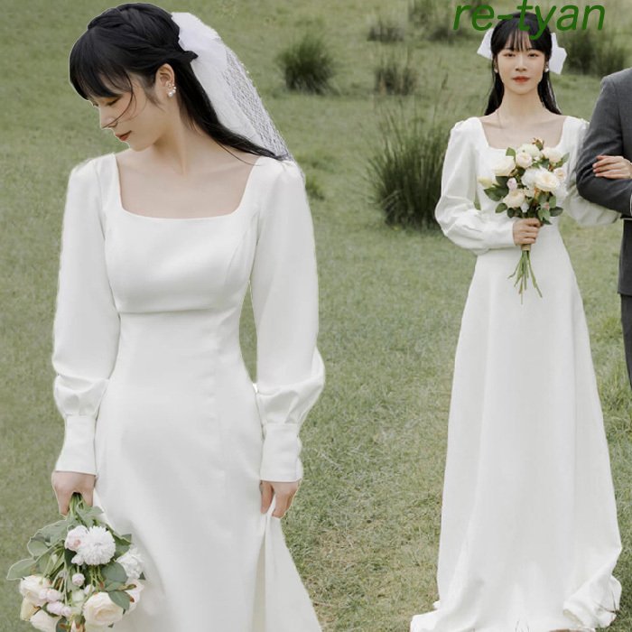 ウエディングドレス ワンピース 白 結婚式 ロングドレス 袖あり パーティードレス イブニングドレス