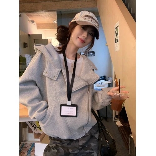 秋冬トップスかわいい パーカー フード付き韓国風長袖ゆったり白黒おしゃれレトロチャックシルエット韓国フルサイズファッション系ルーズレディースサイド学生通学トラック羽織り