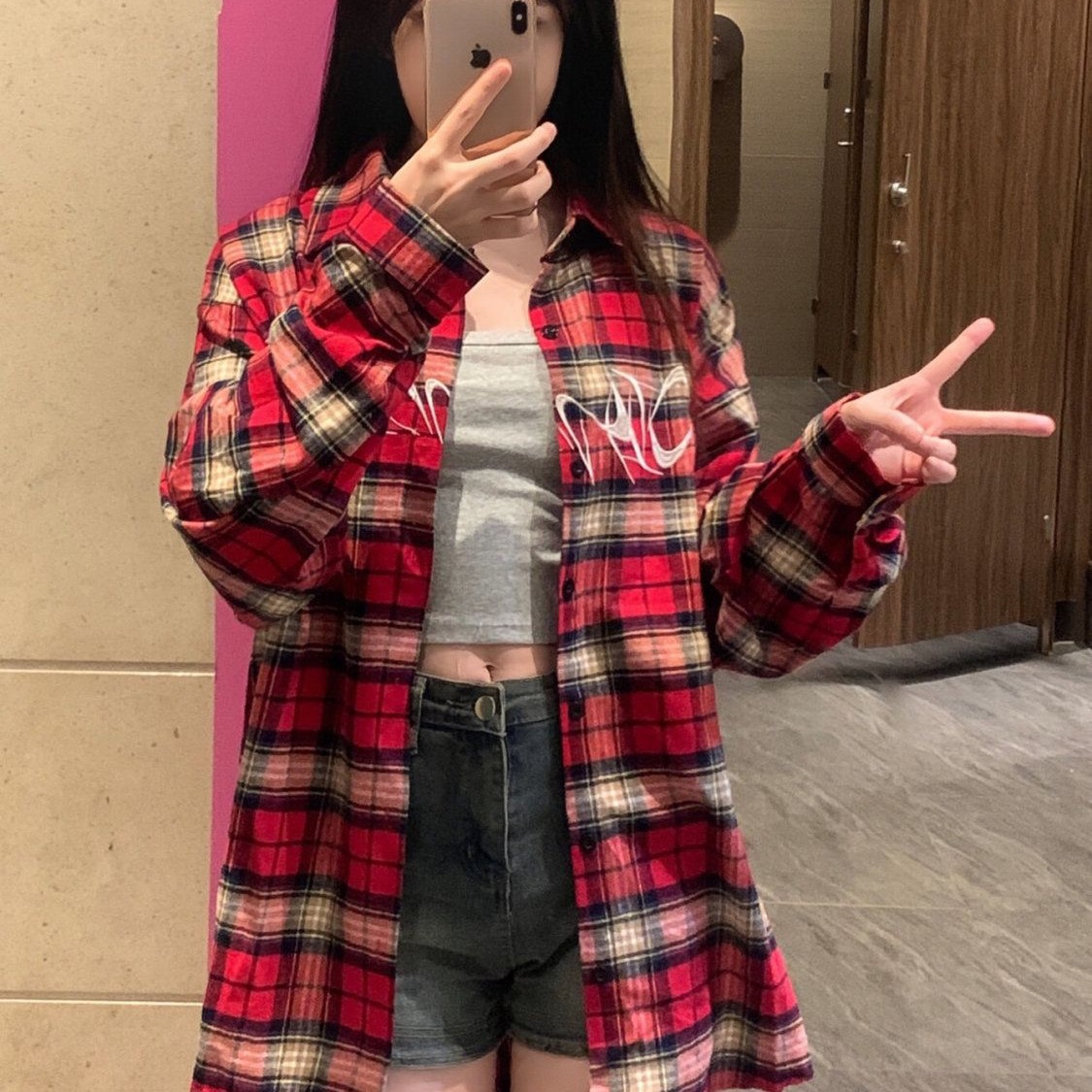 赤 チェック シャツ レディース 長袖 アウター ゆったり ファッション ミドル丈 カジュアル シャツ トップス レディース おしゃれ279