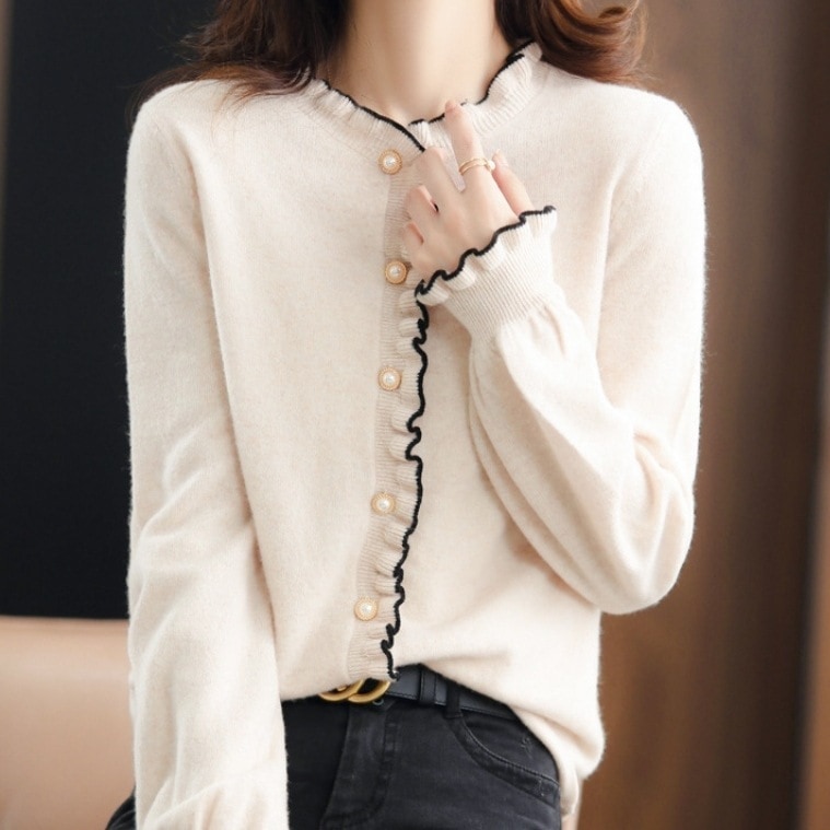 【柔らかくて優しい印象】 エレガント ギャザー ラウンドネック ニットセーター