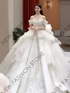 重工業ウェディングドレス2024新型ドレス一字肩フレンチ高級質感ウェディングドレス-36