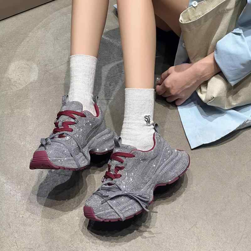 スニーカー レディース メンズ シューズ ラインストーン 厚底 ファッション スポーツ カジュアル 秋 レッド