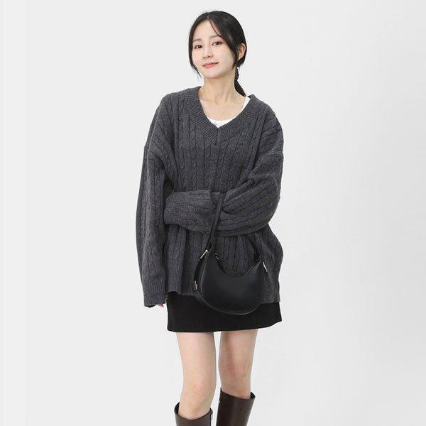 女子FWルーズフィットカラーケーブルVネック꽈꽈デーリーニットSMA004