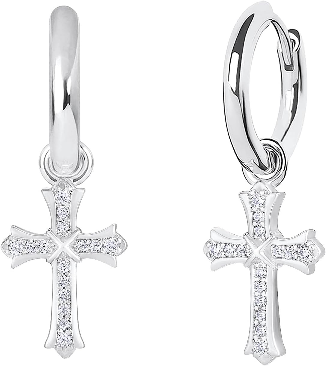 クロスピアス メンズ レディース 十字架 フープピアス シルバー925 金属アレルギー対応 両耳 15mm直径 14K金メッキ 20G 純銀 揺れる ドロップイヤリング CZダイヤ