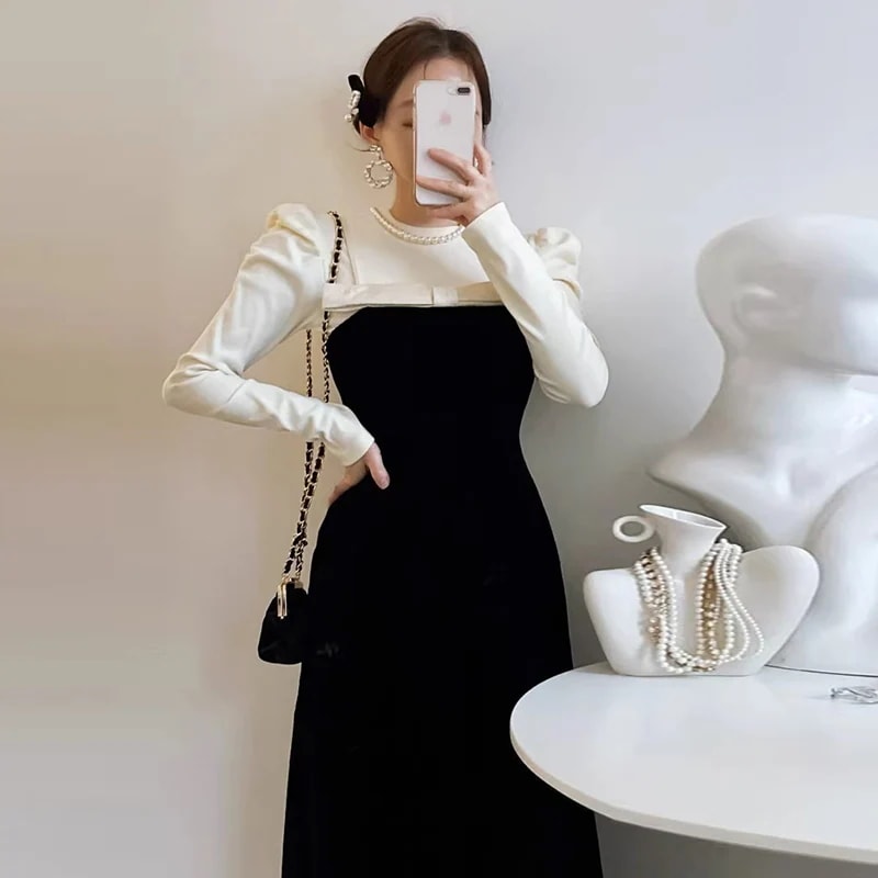 韓国デザイン　パフスリーブトレーナー+ベルベットワンピース2点セット　秋冬コーデ　お嬢様　可愛いドレス