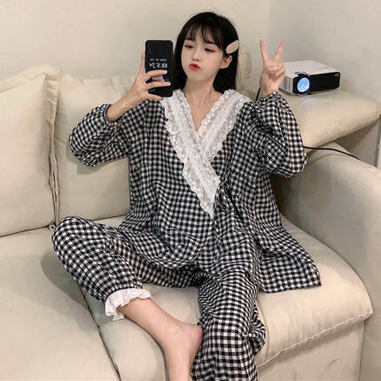 チェック柄パジャマ ルームウェア パジャマ 部屋着 寝巻き ナイトウェア ロング ロング丈 袖あり 長袖 Vネック レース 前開き 上下セット 2点セット ツーピース かわいい 大人可愛い きれいめ