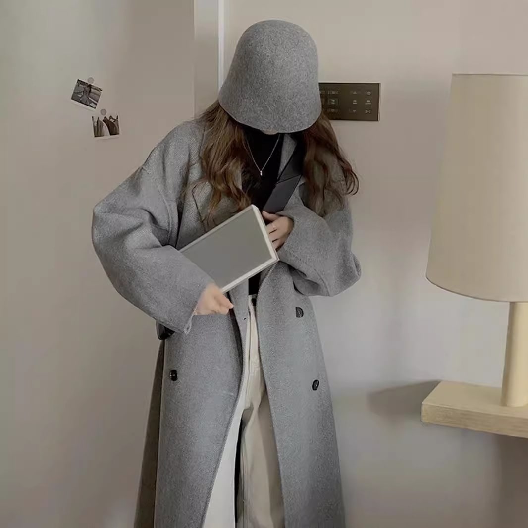 オフシーズンウールコート女性用2024冬新作韓国ミディアム丈sサイズグレー両面カシミヤウールコート