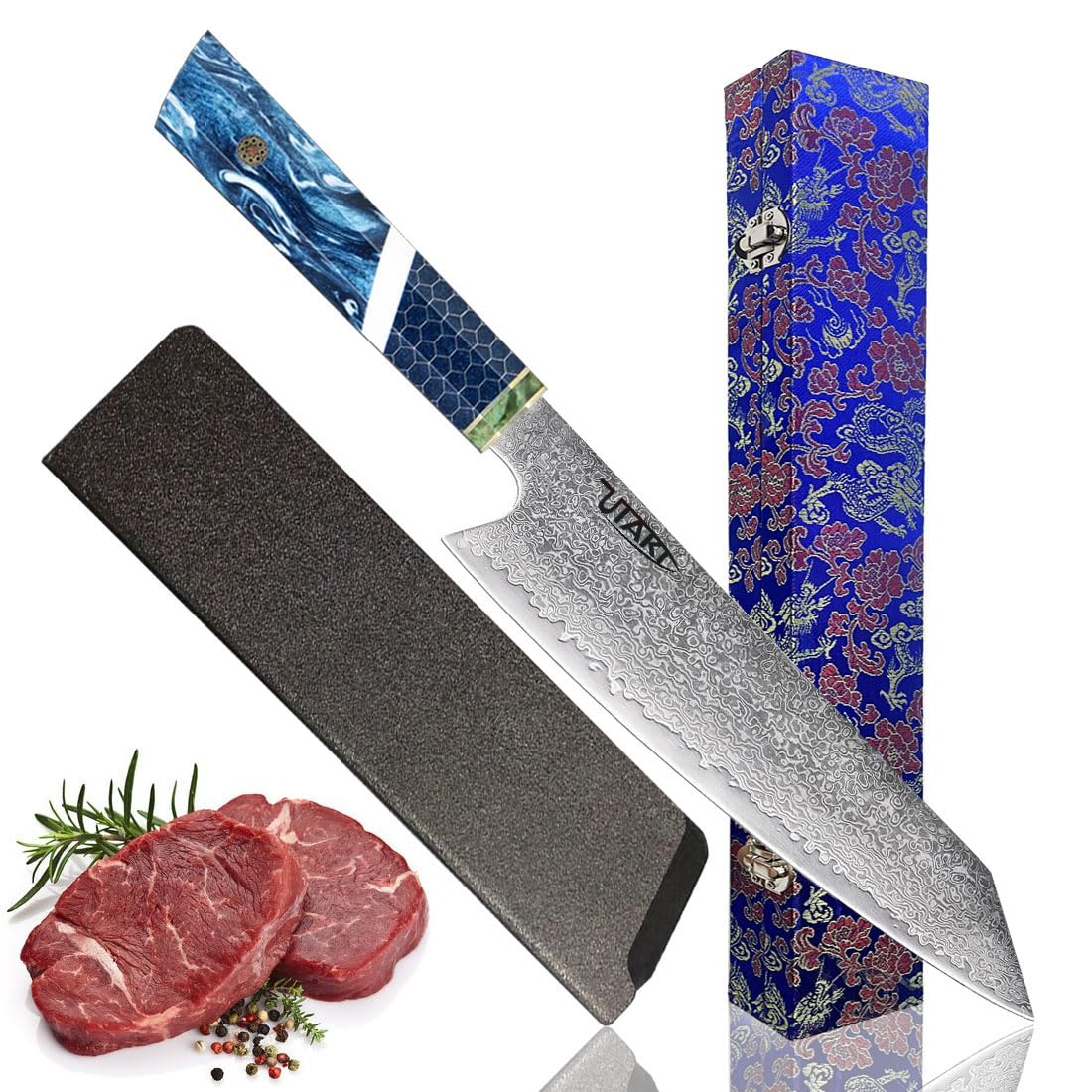 牛刀包丁 両刃ダマスカス牛刀 刃渡り218mm 渦巻紋とハニカム紋ポリプロピレン樹脂+積層木リング